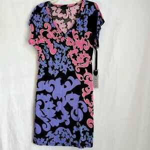 NWT Hale Bob Short Sleeve Print Knit Shift Dress V Neck Size S Black Pink Purple